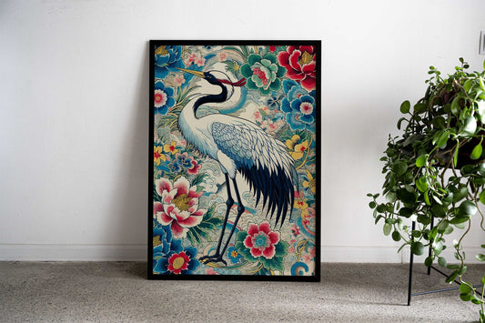 Japanese Ukiyo-E Crane and Flowers Asian Style Poster | Wall Art for Home & Office | High-Quality Print - High-Quality Visual Display