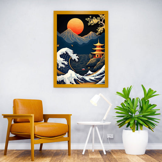 Japanese Wave and Pagoda Asian Style Poster | Wall Art for Home & Office | High-Quality Print - High-Quality Visual Display