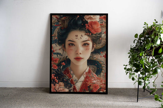 Japanese girl and dragon Asian Style Poster | Wall Art for Home & Office | High-Quality Print - High-Quality Visual Display