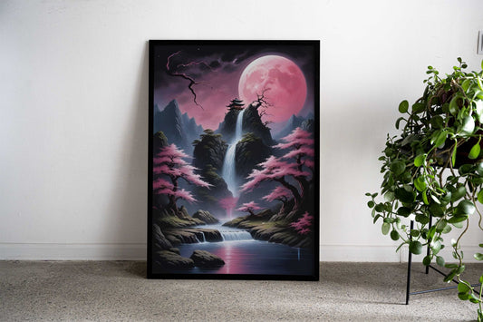 Japanese pink Moon Asian Style Poster | Wall Art for Home & Office | High-Quality Print - High-Quality Visual Display