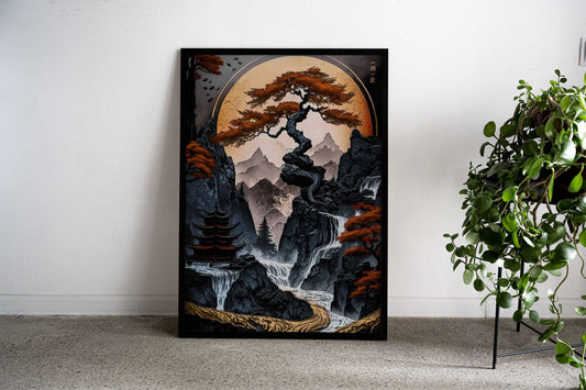 Japanese red tree river Asian Style Poster | Wall Art for Home & Office | High-Quality Print - High-Quality Visual Display