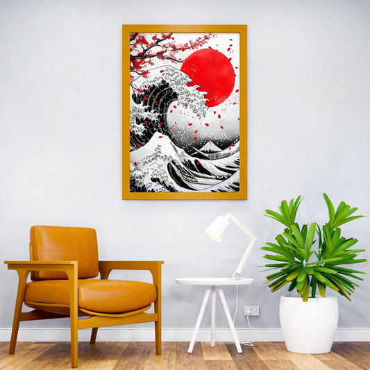 Katsushika Hokusai wave red moon Asian Style Poster | Wall Art for Home & Office | High-Quality Print - High-Quality Visual Display