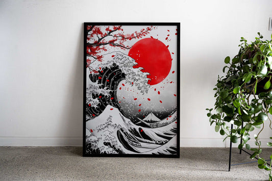 Katsushika Hokusai wave red moon Asian Style Poster | Wall Art for Home & Office | High-Quality Print - High-Quality Visual Display
