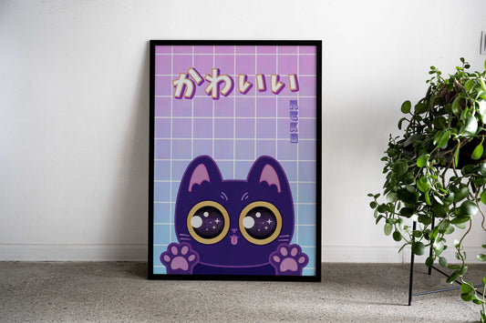 Kawaii Vaporware Cat Asian Style Poster | Wall Art for Home & Office | High-Quality Print - High-Quality Visual Display