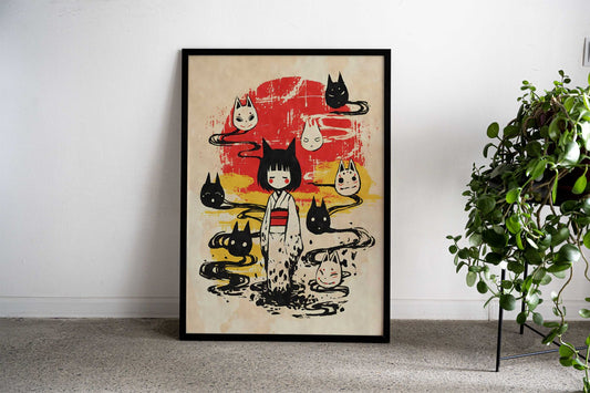 Kitsune Girl and Masks Yokai Asian Style Poster | Wall Art for Home & Office | High-Quality Print - High-Quality Visual Display