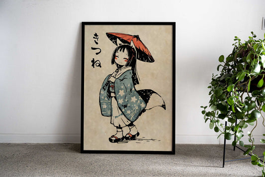 Kitsune Girl in Kimono Yokai Asian Style Poster | Wall Art for Home & Office | High-Quality Print - High-Quality Visual Display