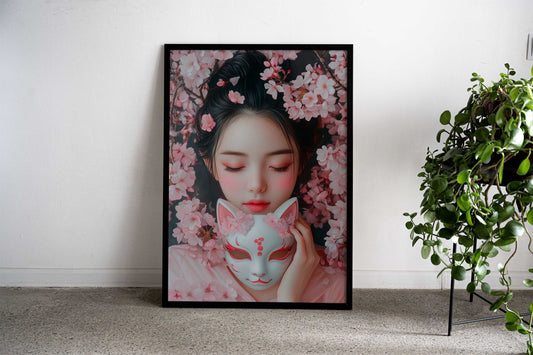 Kitsune Mask and Cherry Blossoms Asian Style Poster | Wall Art for Home & Office | High-Quality Print - High-Quality Visual Display