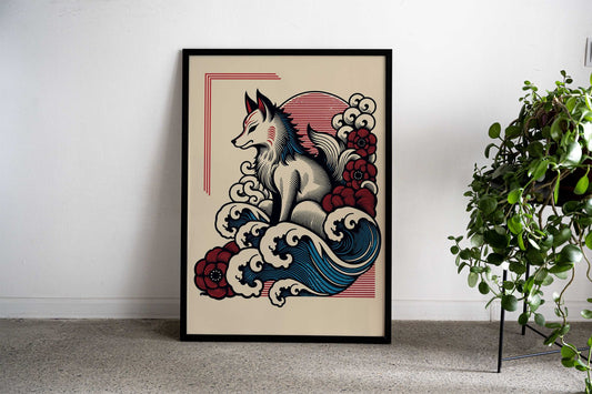 Kitsune on Waves Asian Style Poster | Wall Art for Home & Office | High-Quality Print - High-Quality Visual Display