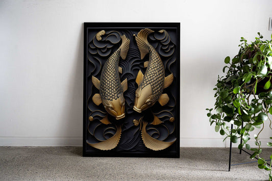 Koi Fish Gold Relief Deco Asian Style Poster | Wall Art for Home & Office | High-Quality Print - High-Quality Visual Display