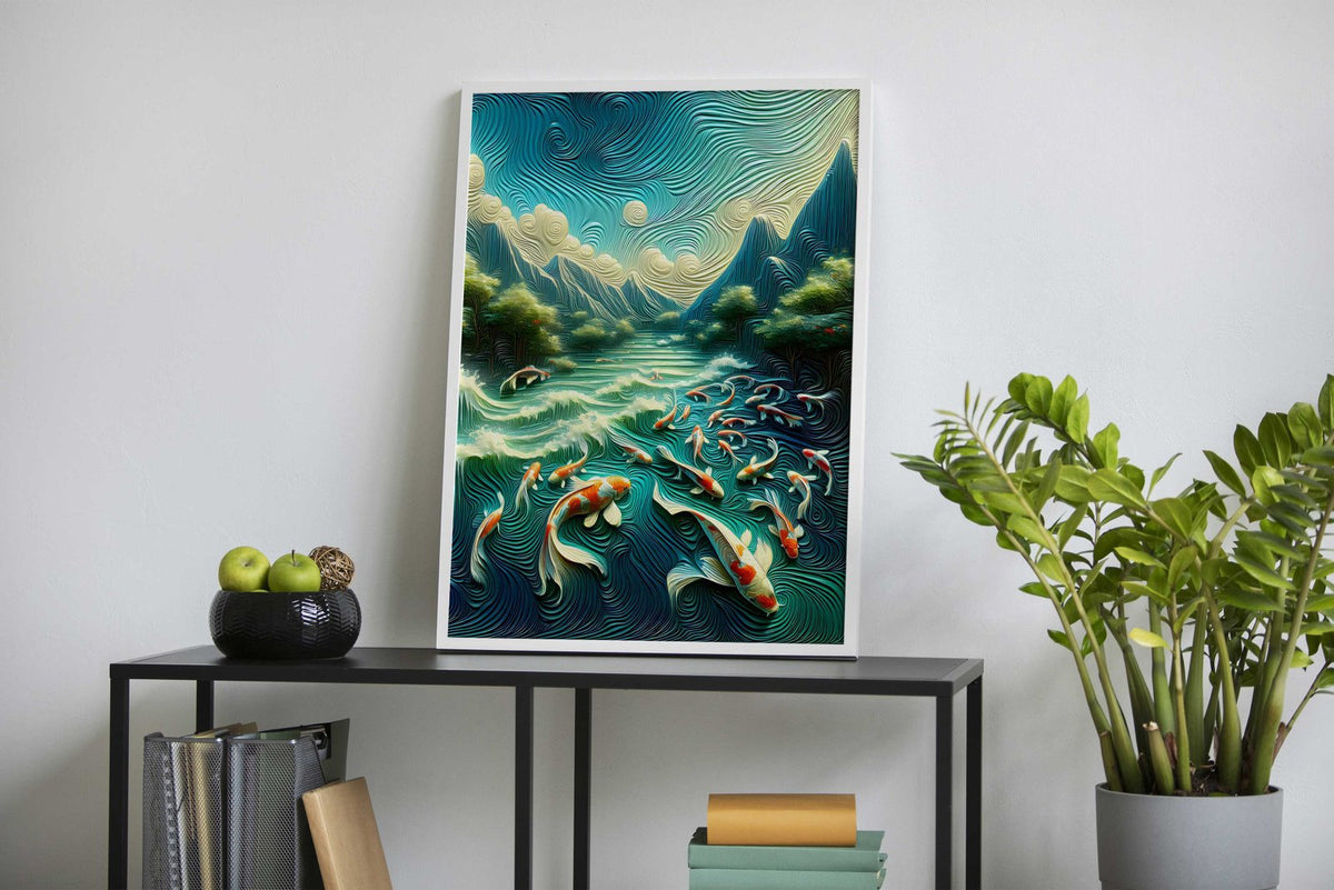 Koi Fish Pond Mountains Asian Style Poster | Wall Art for Home & Office | High-Quality Print - High-Quality Visual Display