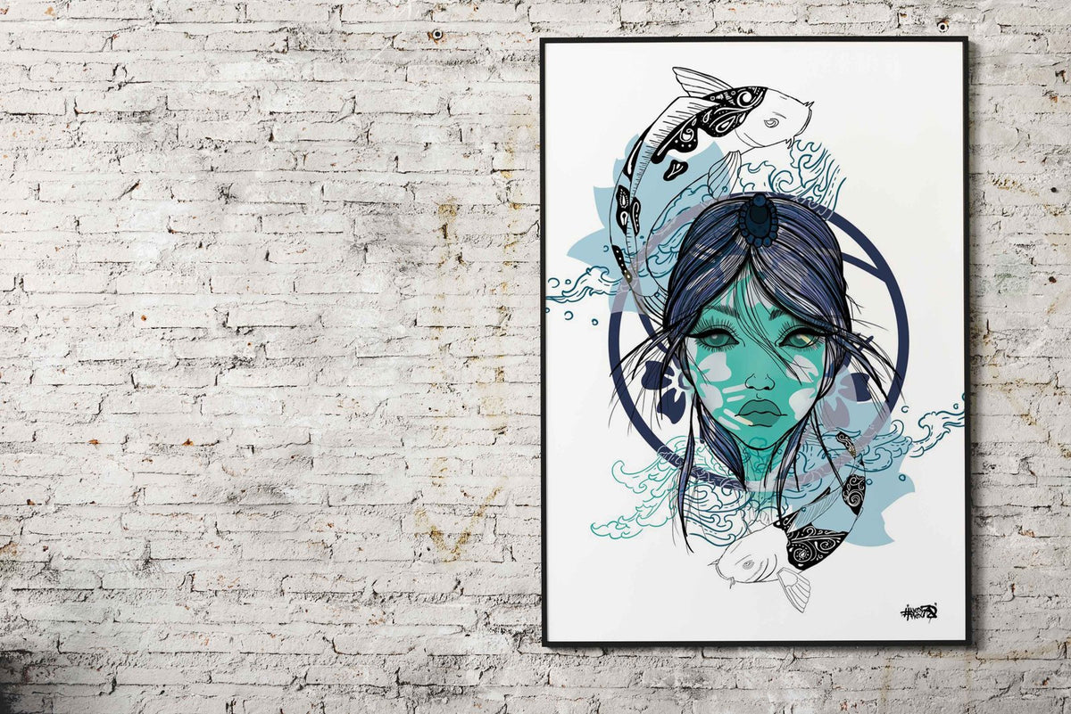 Koi Fish and Anime Woman Asian Style Poster | Wall Art for Home & Office | High-Quality Print - High-Quality Visual Display