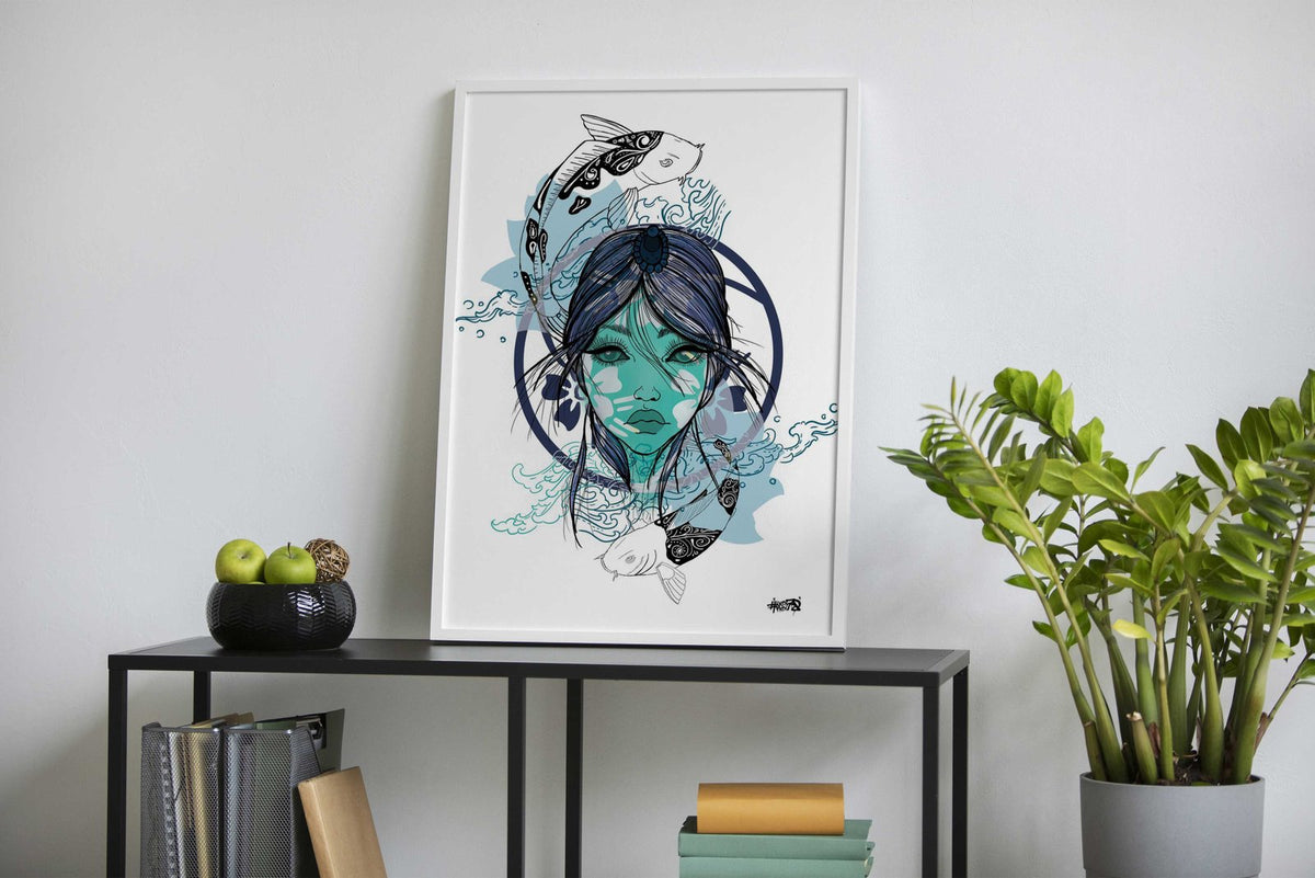 Koi Fish and Anime Woman Asian Style Poster | Wall Art for Home & Office | High-Quality Print - High-Quality Visual Display