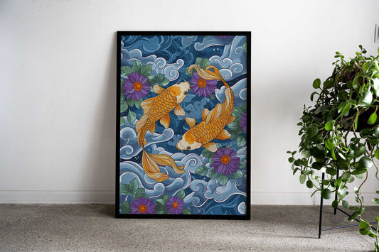 Koi with Chrysanthemum Art Asian Style Poster | Wall Art for Home & Office | High-Quality Print - High-Quality Visual Display