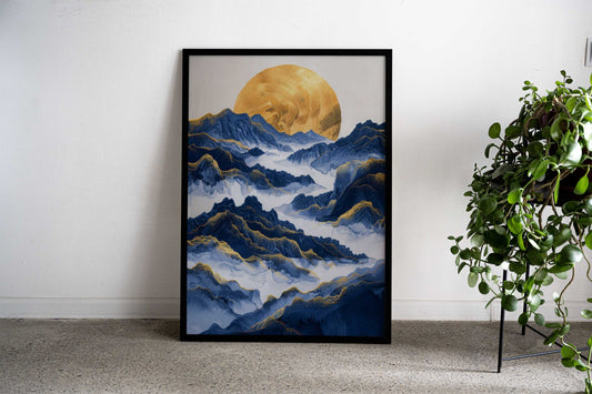 Landscape Blue Gold Asian Style Poster | Wall Art for Home & Office | High-Quality Print - High-Quality Visual Display