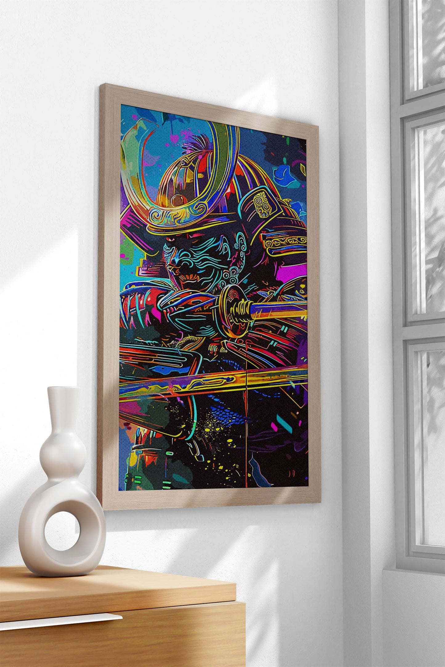 Line Art Neon Samurai Asian Style Poster | Wall Art for Home & Office | High-Quality Print - High-Quality Visual Display