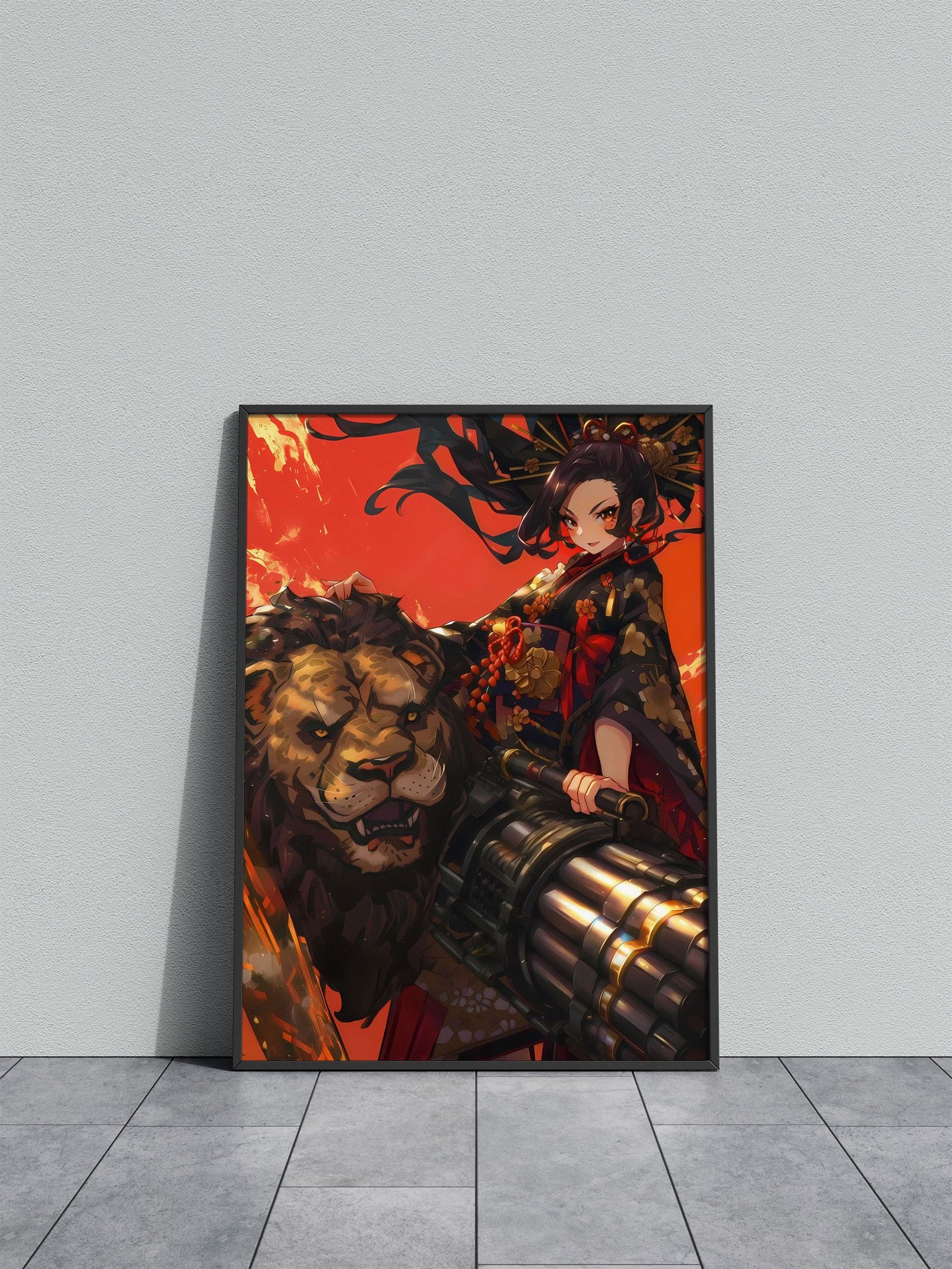 Lion Black Geisha Asian Style Poster | Wall Art for Home & Office | High-Quality Print - High-Quality Visual Display