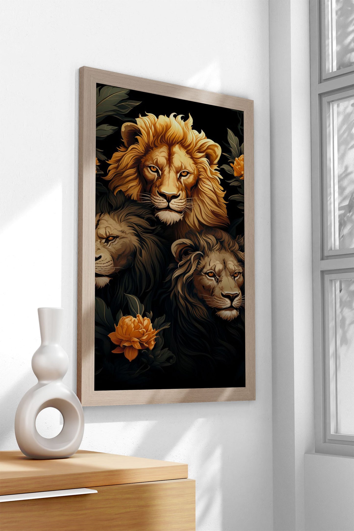 Lions Amidst Lotus Asian Style Poster | Wall Art for Home & Office | High-Quality Print - High-Quality Visual Display