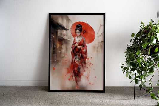 Lonely Geisha in Red Kimono Asian Style Poster | Wall Art for Home & Office | High-Quality Print - High-Quality Visual Display