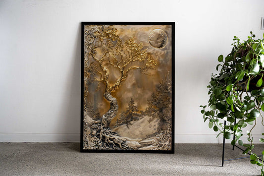 Lonely Golden Bonsai Asian Style Poster | Wall Art for Home & Office | High-Quality Print - High-Quality Visual Display