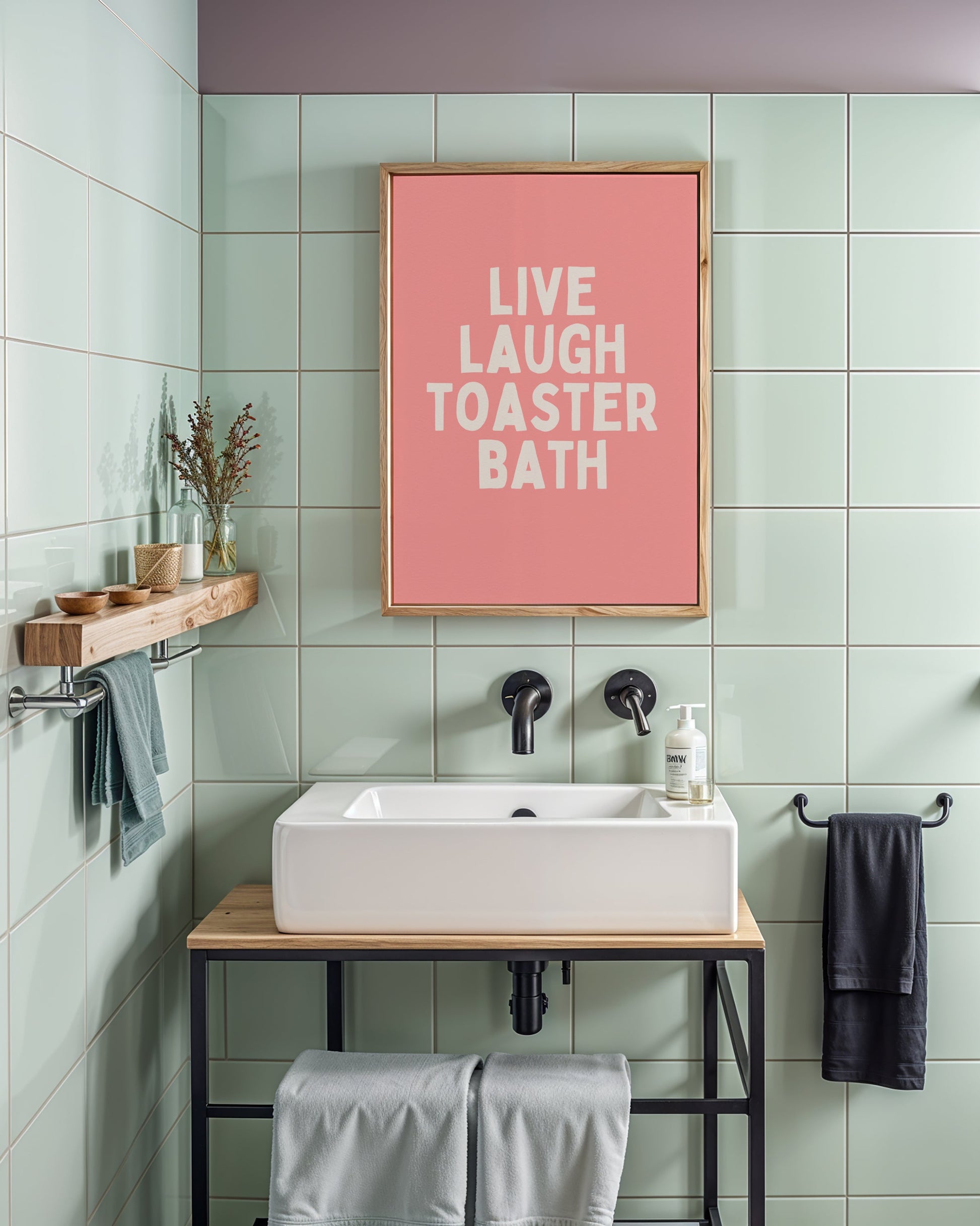 Live Laugh Toaster Bath | Cream and Dusty Pink | Art Print - High-Quality Premium Wall Art Decor Sticker