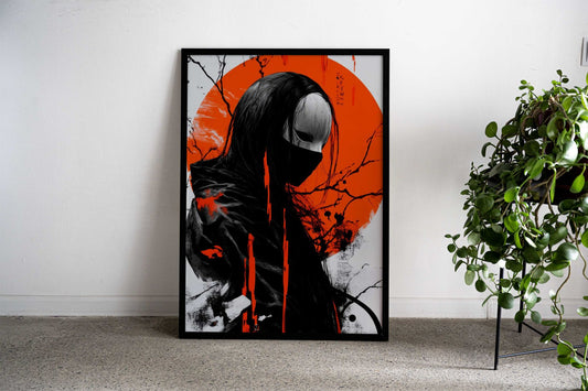 Masked Figure in Red Asian Style Poster | Wall Art for Home & Office | High-Quality Print - High-Quality Visual Display