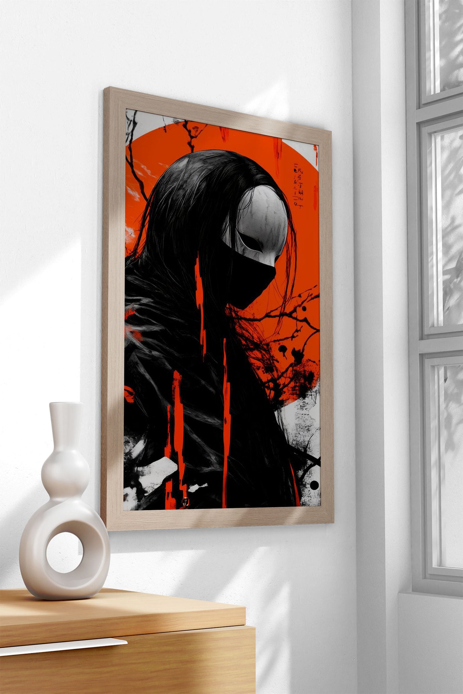 Masked Figure in Red Asian Style Poster | Wall Art for Home & Office | High-Quality Print - High-Quality Visual Display