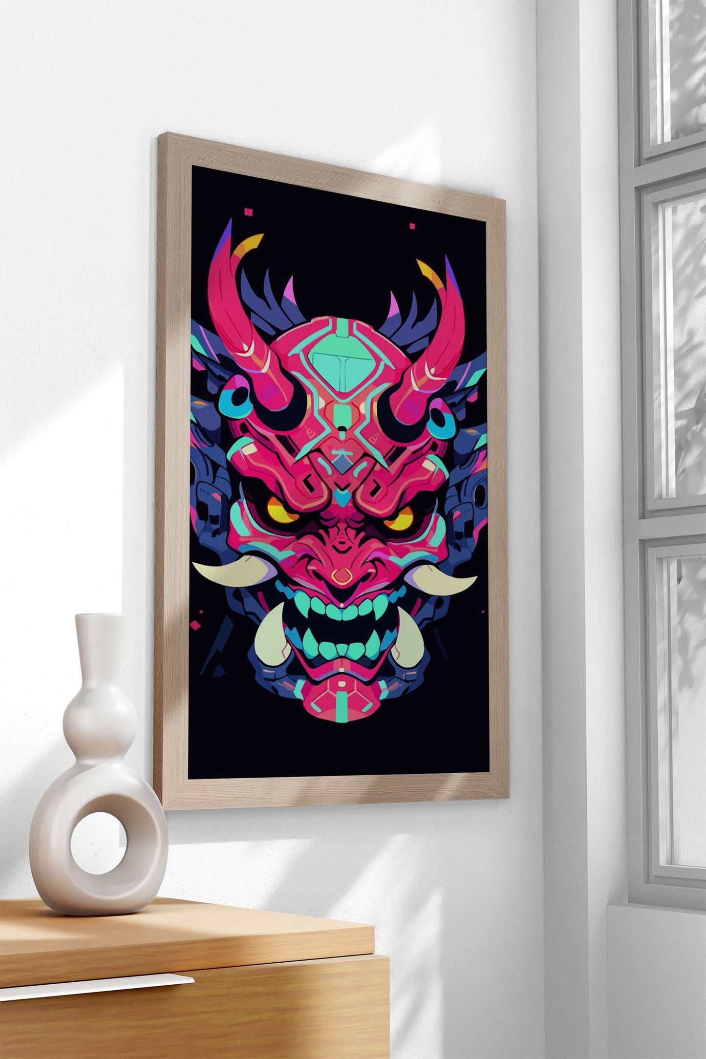 Minimalist Neon Oni Mask Asian Style Poster | Wall Art for Home & Office | High-Quality Print - High-Quality Visual Display