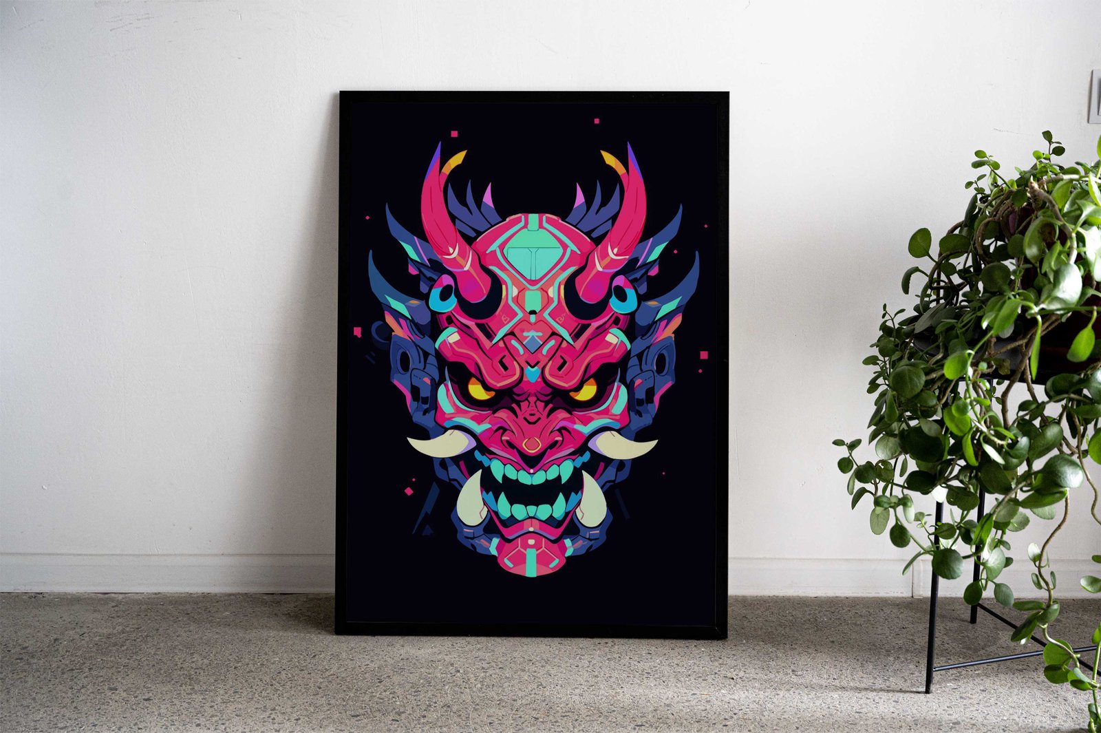 Minimalist Neon Oni Mask Asian Style Poster | Wall Art for Home & Office | High-Quality Print - High-Quality Visual Display