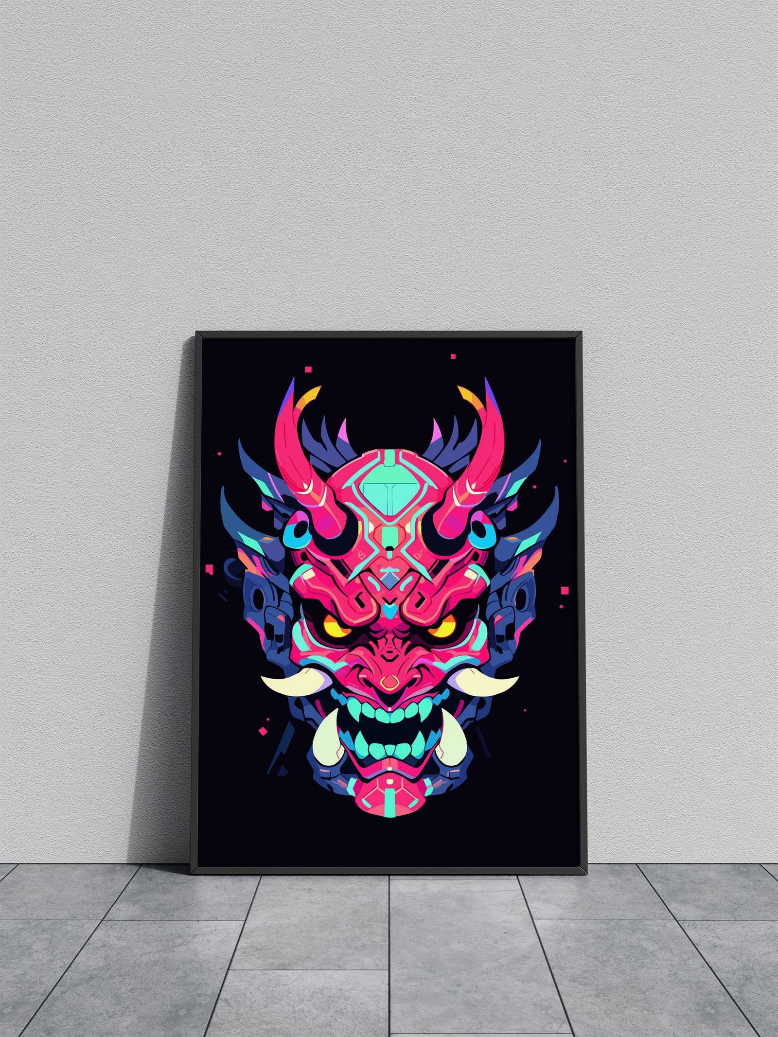 Minimalist Neon Oni Mask Asian Style Poster | Wall Art for Home & Office | High-Quality Print - High-Quality Visual Display