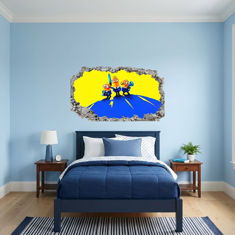 Minions And Gru On Blue Earth Yellow 3D Smashed Wall Art Decal Sticker Kids Room Wall Decal Sticker