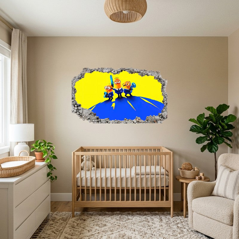 Minions And Gru On Blue Earth Yellow 3D Smashed Wall Art Decal Sticker Kids Room Wall Decal Sticker