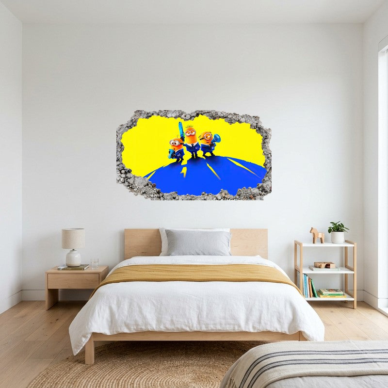Minions And Gru On Blue Earth Yellow 3D Smashed Wall Art Decal Sticker Kids Room Wall Decal Sticker