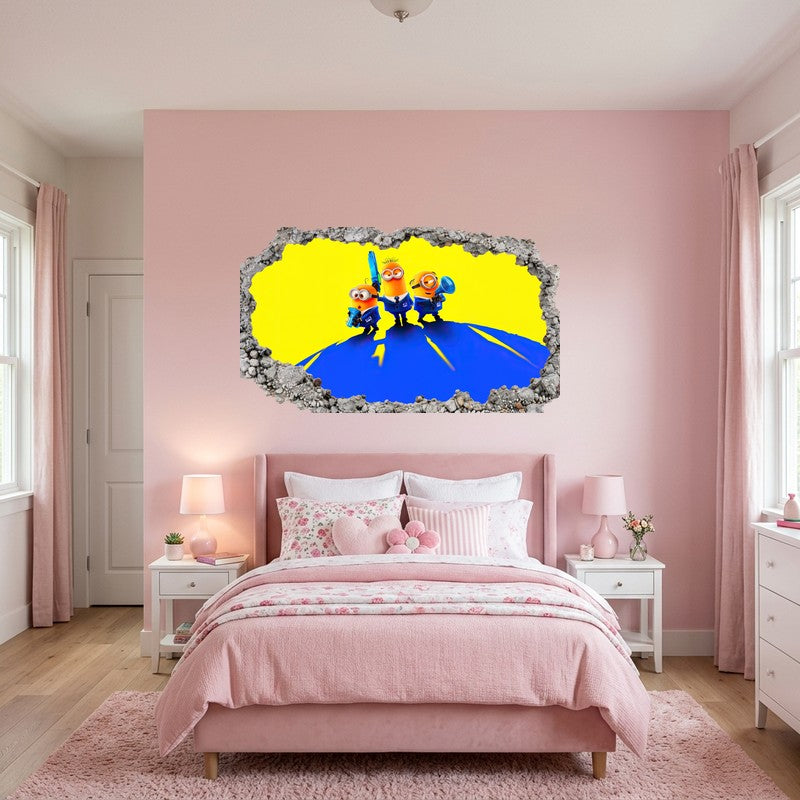 Minions And Gru On Blue Earth Yellow 3D Smashed Wall Art Decal Sticker Kids Room Wall Decal Sticker