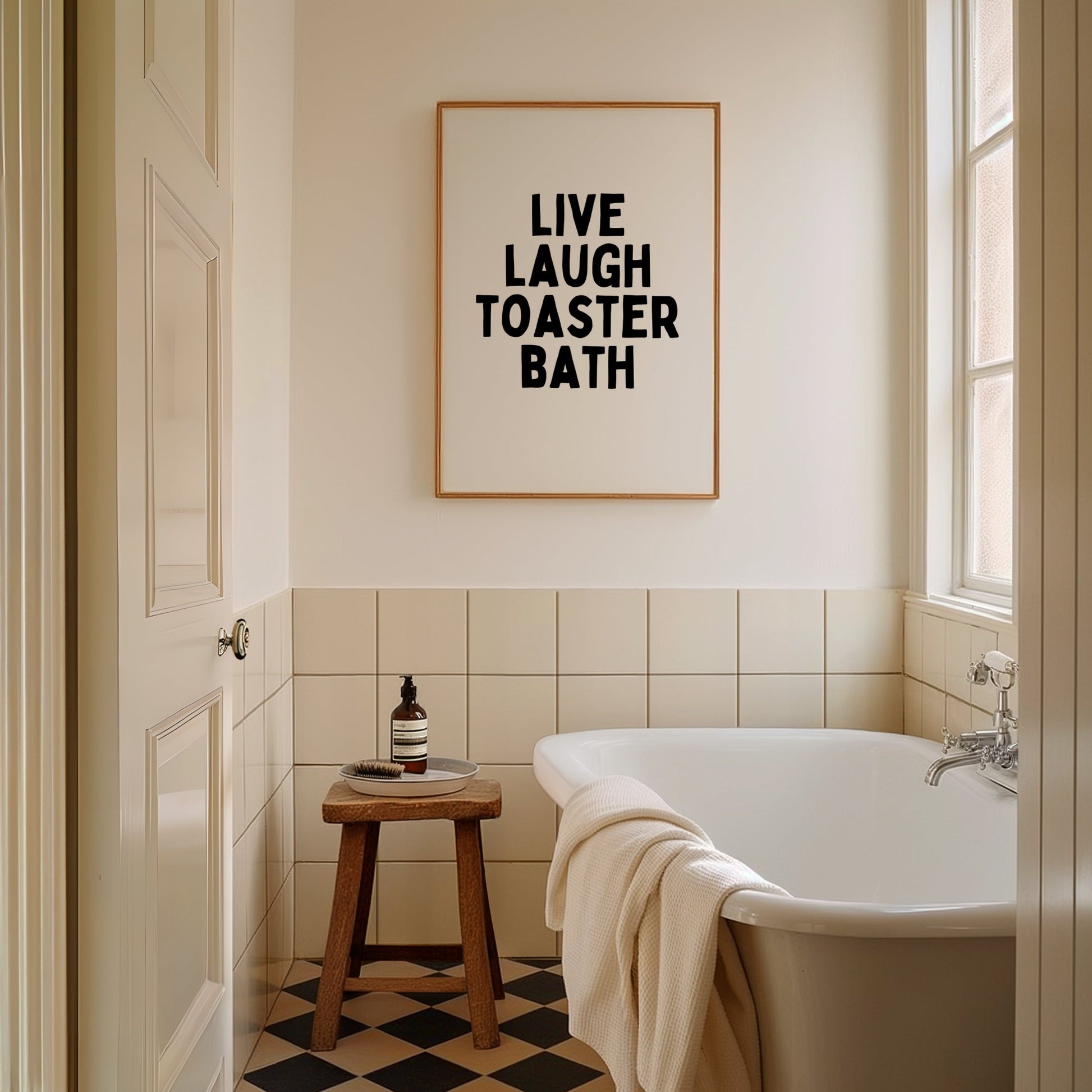 Live Laugh Toaster Bath | Black and Cream | Art Print - High-Quality Premium Wall Art Decor Sticker