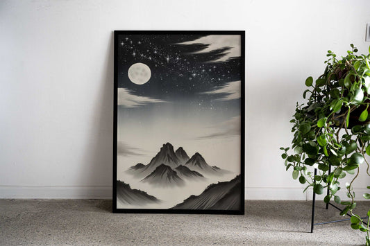 Moonlit Mountain Landscape Asian Style Poster | Wall Art for Home & Office | High-Quality Print - High-Quality Visual Display