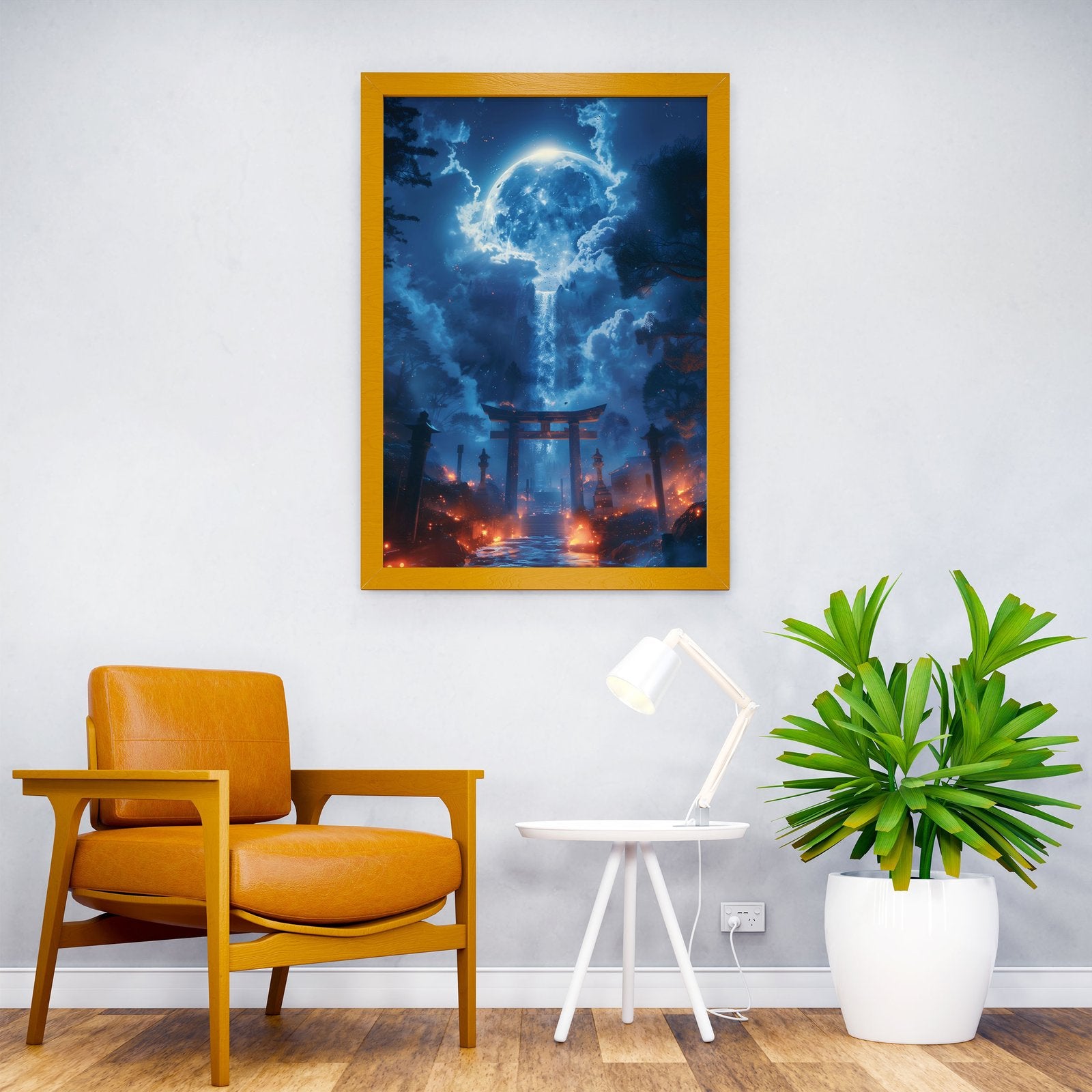 Moonlit Torii Waterfall Asian Style Poster | Wall Art for Home & Office | High-Quality Print - High-Quality Visual Display
