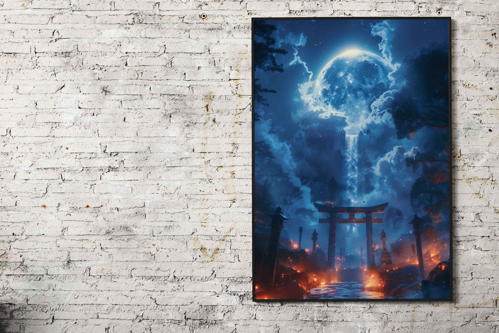 Moonlit Torii Waterfall Asian Style Poster | Wall Art for Home & Office | High-Quality Print - High-Quality Visual Display