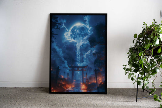 Moonlit Torii Waterfall Asian Style Poster | Wall Art for Home & Office | High-Quality Print - High-Quality Visual Display