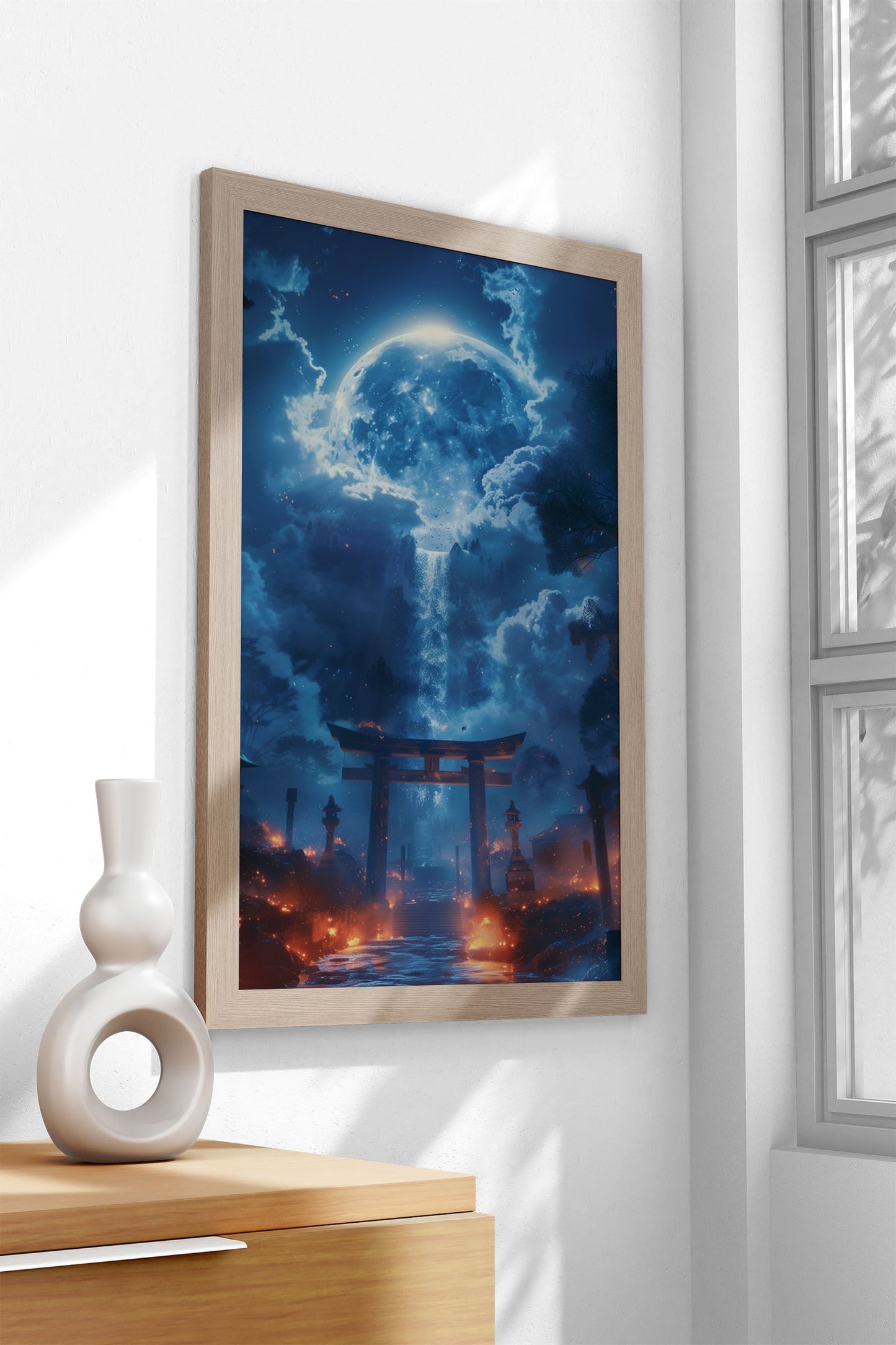 Moonlit Torii Waterfall Asian Style Poster | Wall Art for Home & Office | High-Quality Print - High-Quality Visual Display
