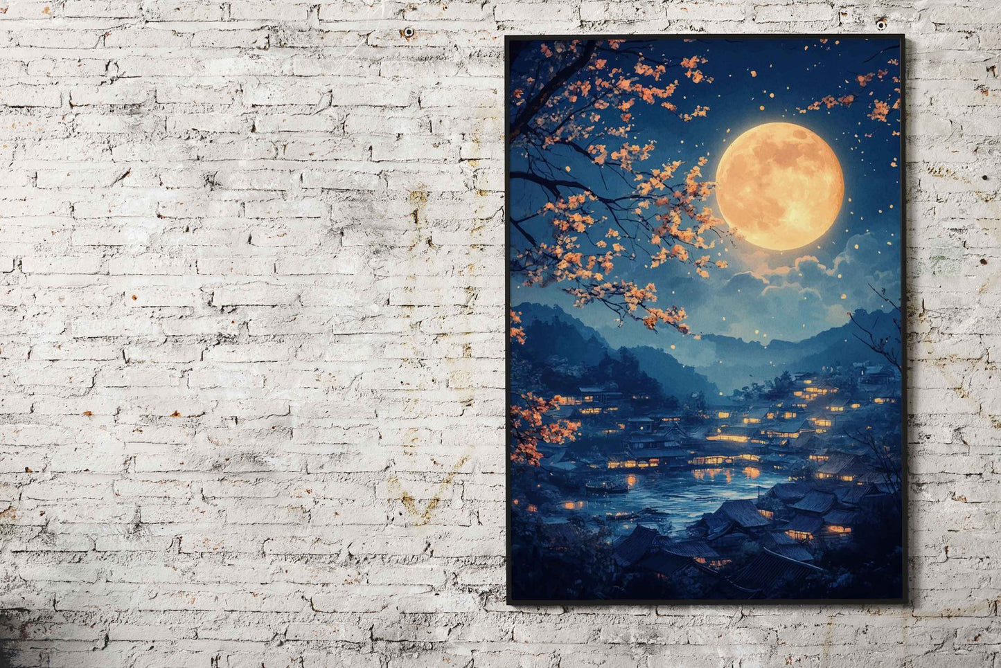 Moonlit Village Landscape Asian Style Poster | Wall Art for Home & Office | High-Quality Print - High-Quality Visual Display