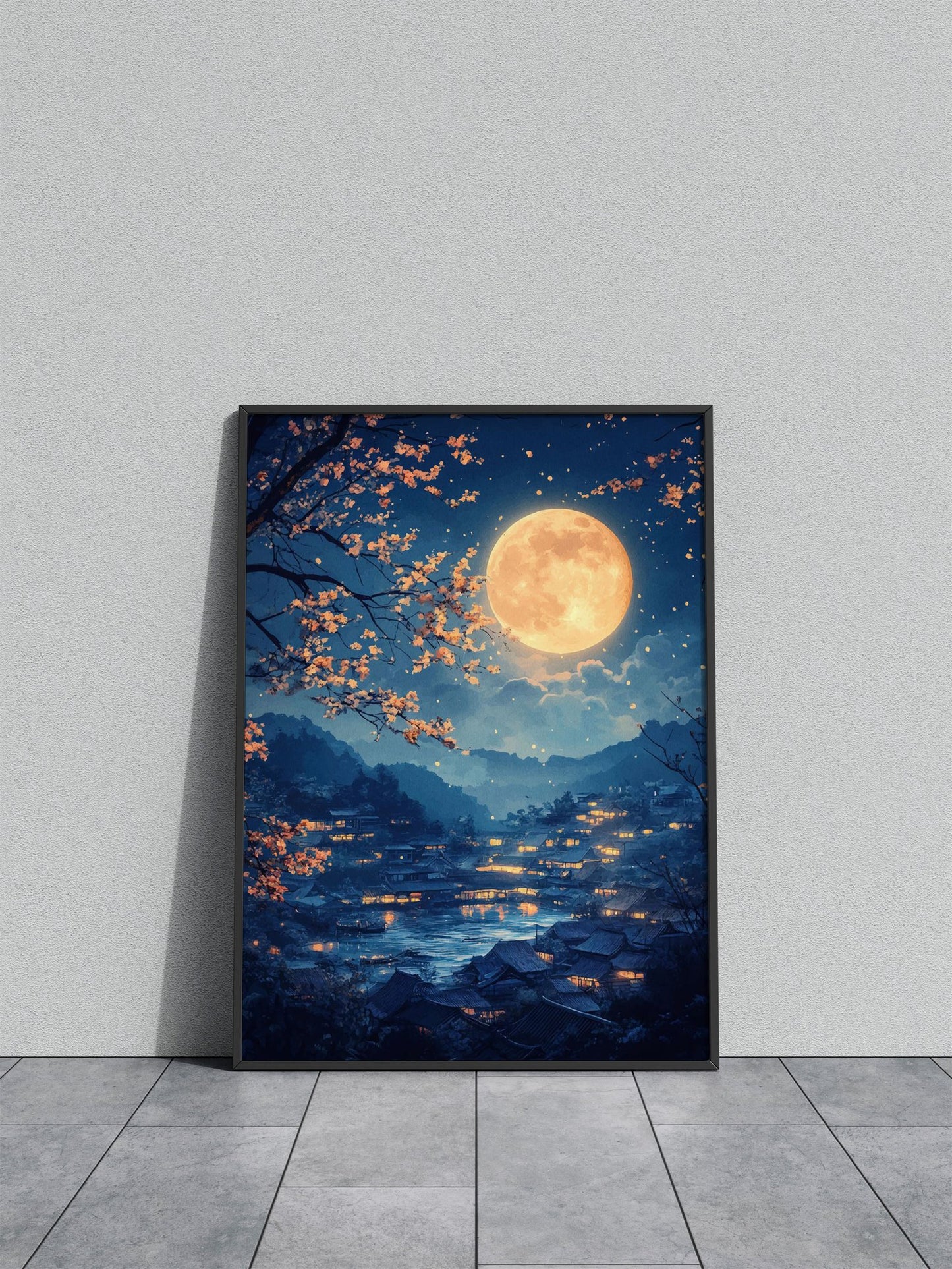 Moonlit Village Landscape Asian Style Poster | Wall Art for Home & Office | High-Quality Print - High-Quality Visual Display
