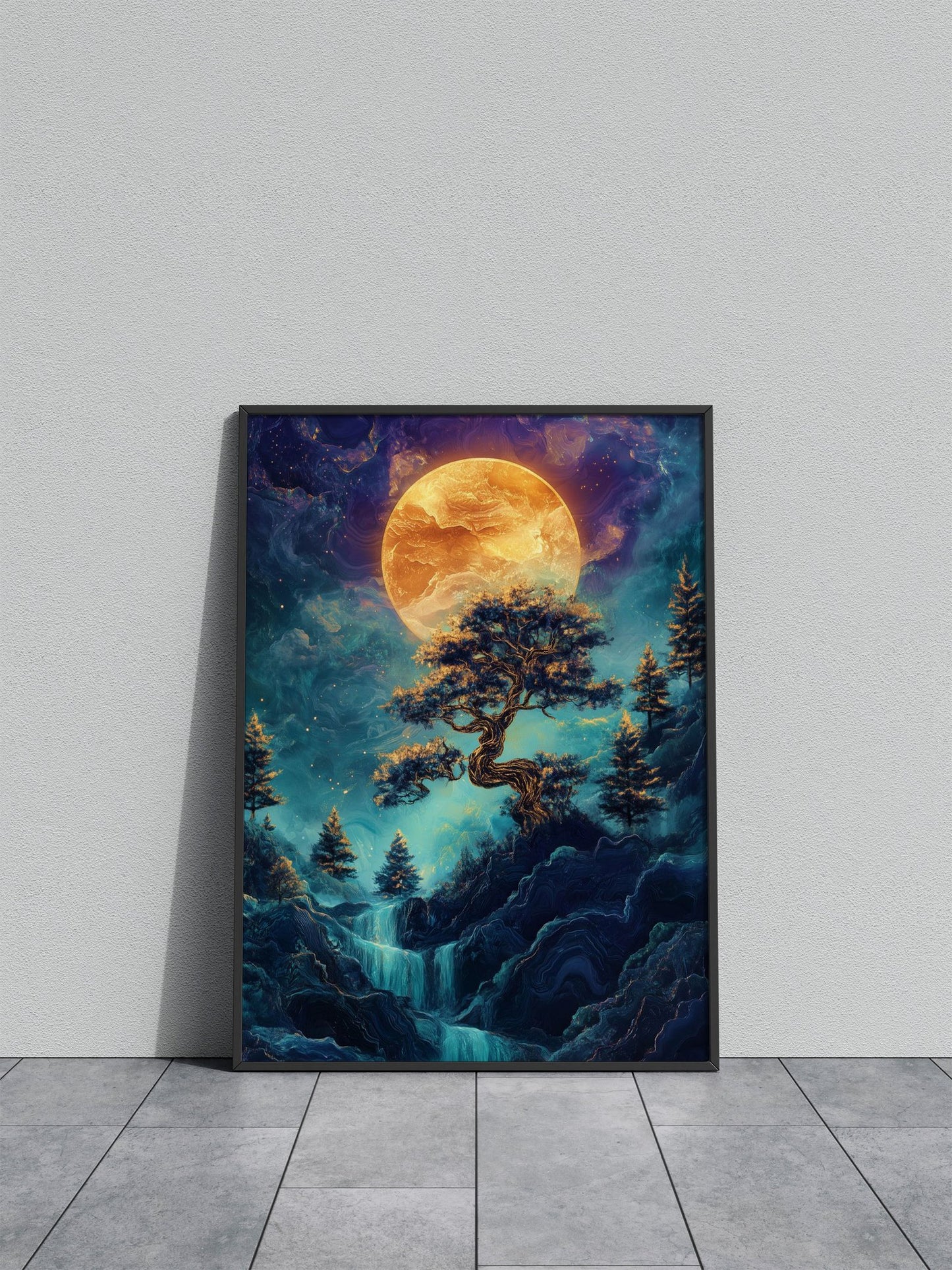 Moonlit Waterfall Bonsai tree Japan Asian Style Poster | Wall Art for Home & Office | High-Quality Print - High-Quality Visual Display
