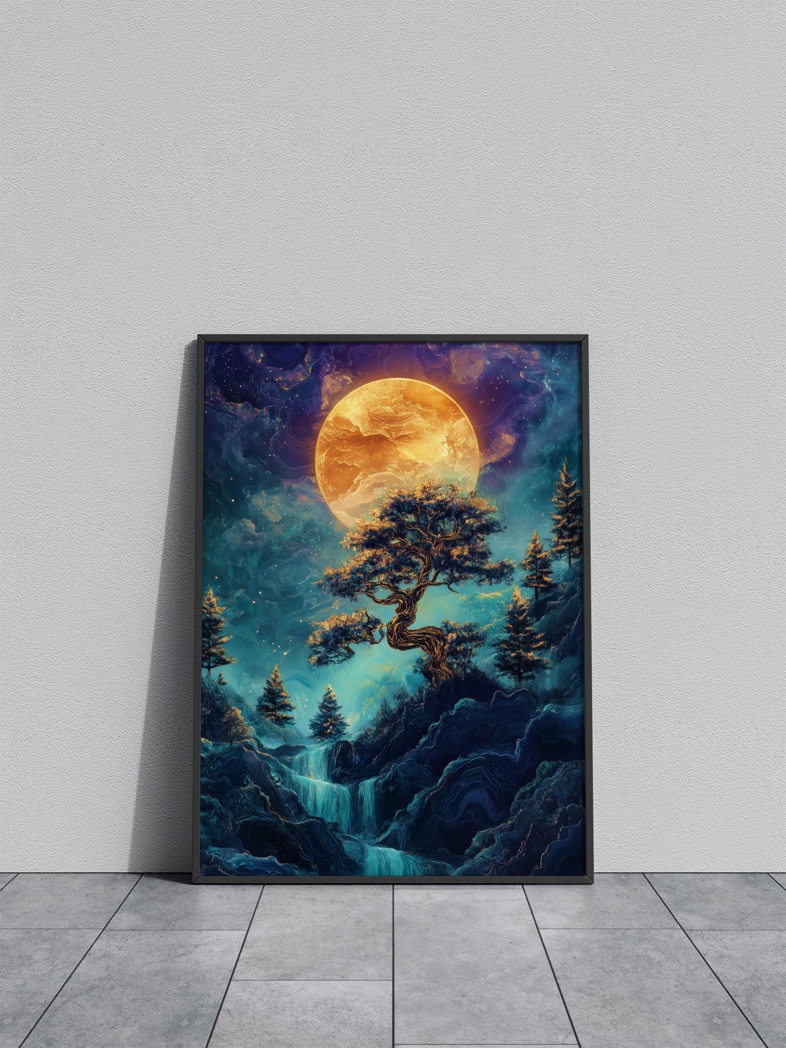 Moonlit Waterfall Bonsai tree Japan Asian Style Poster | Wall Art for Home & Office | High-Quality Print - High-Quality Visual Display