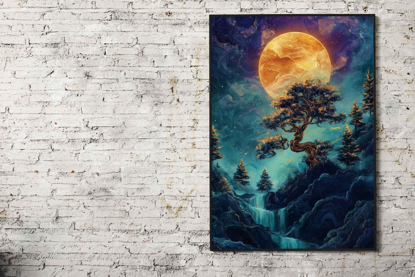 Moonlit Waterfall Bonsai tree Japan Asian Style Poster | Wall Art for Home & Office | High-Quality Print - High-Quality Visual Display