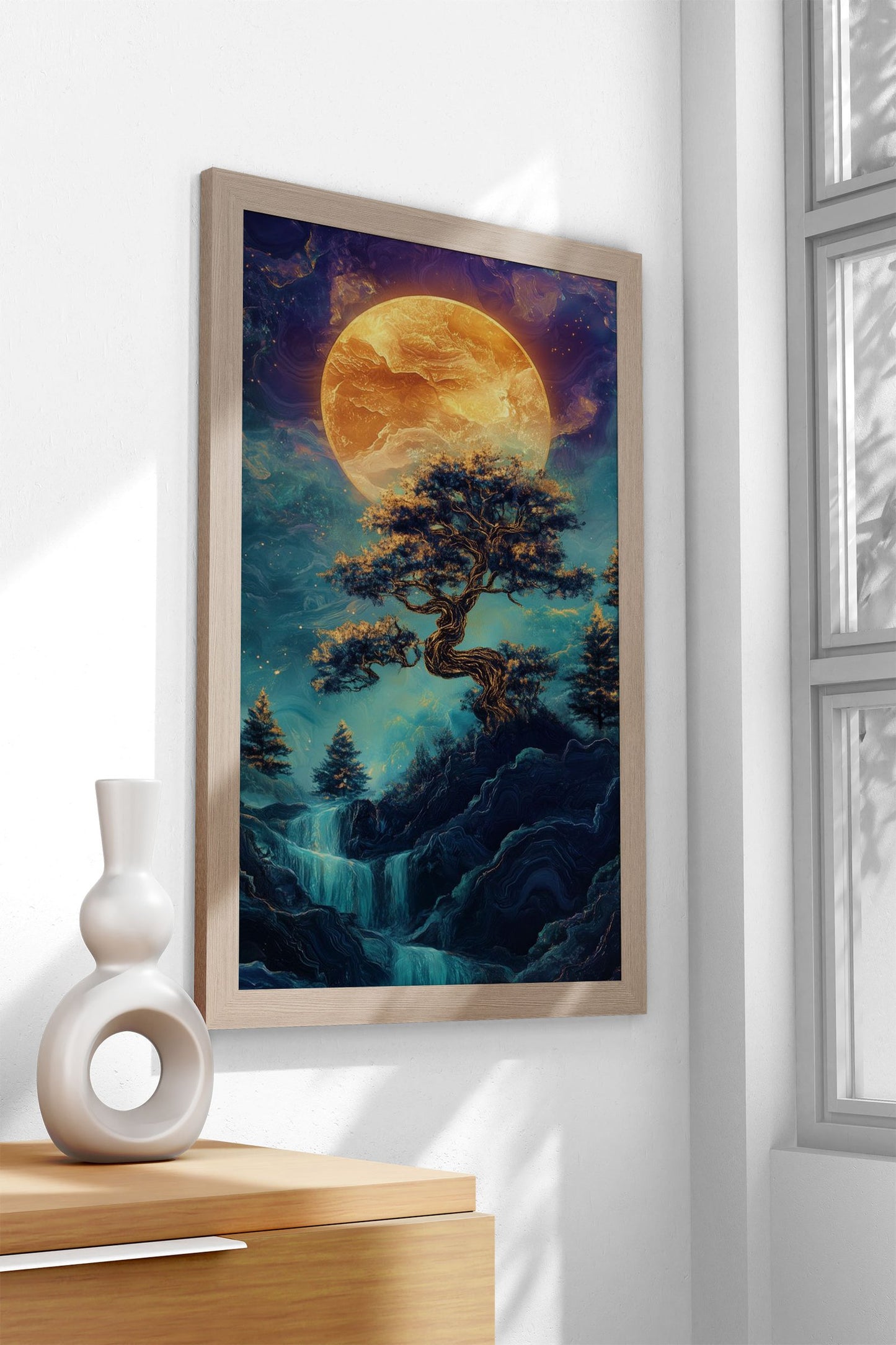 Moonlit Waterfall Bonsai tree Japan Asian Style Poster | Wall Art for Home & Office | High-Quality Print - High-Quality Visual Display
