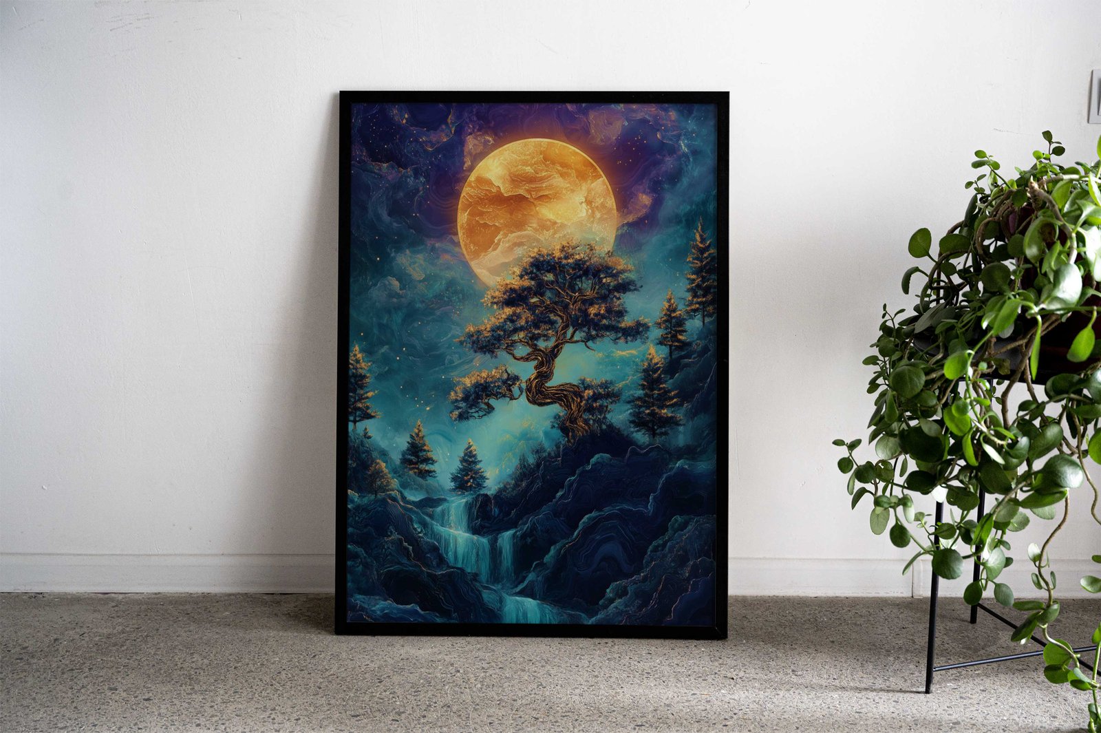 Moonlit Waterfall Bonsai tree Japan Asian Style Poster | Wall Art for Home & Office | High-Quality Print - High-Quality Visual Display