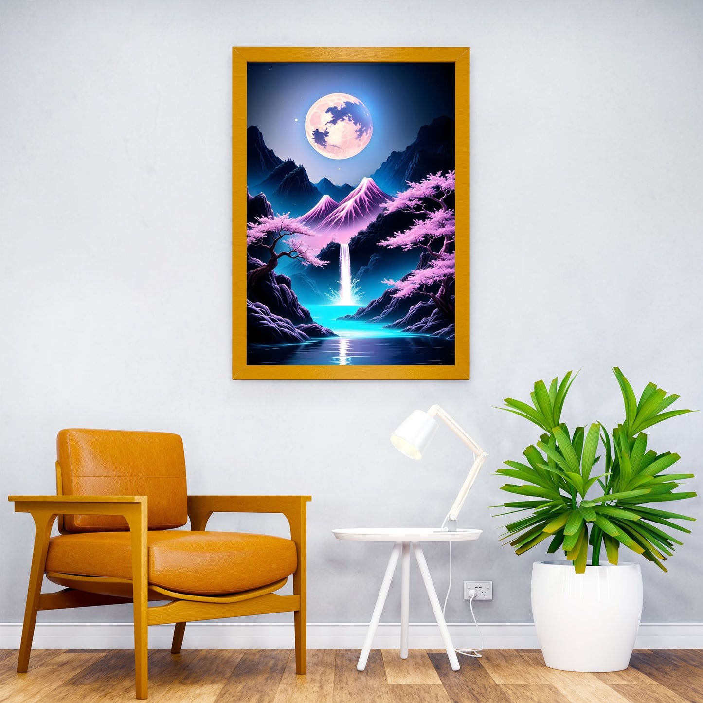 Moonlit Waterfall Cherry Blossom Japan Art Asian Style Poster | Wall Art for Home & Office | High-Quality Print - High-Quality Visual Display