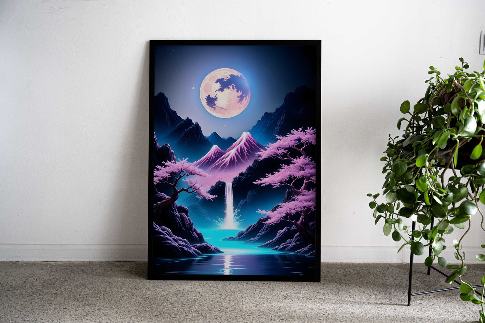 Moonlit Waterfall Cherry Blossom Japan Art Asian Style Poster | Wall Art for Home & Office | High-Quality Print - High-Quality Visual Display