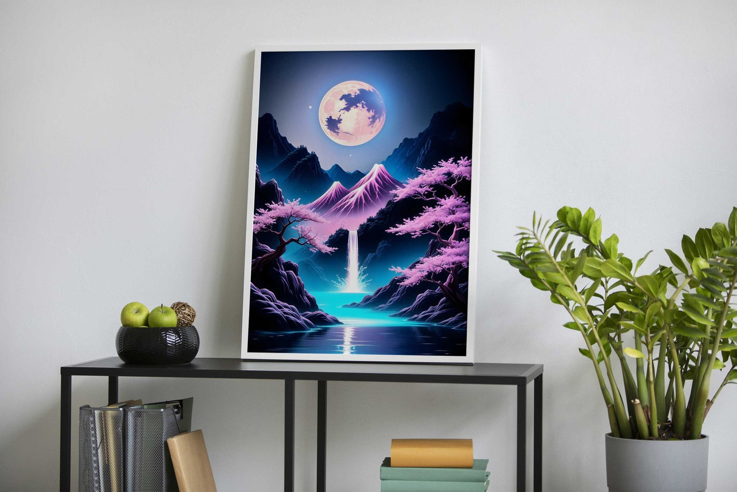 Moonlit Waterfall Cherry Blossom Japan Art Asian Style Poster | Wall Art for Home & Office | High-Quality Print - High-Quality Visual Display