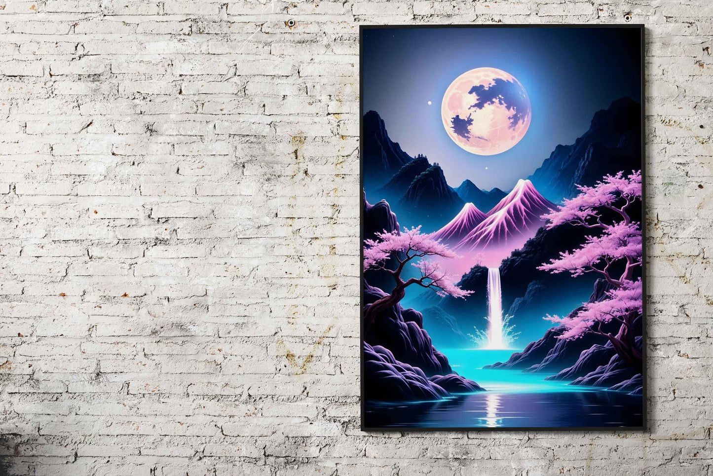 Moonlit Waterfall Cherry Blossom Japan Art Asian Style Poster | Wall Art for Home & Office | High-Quality Print - High-Quality Visual Display
